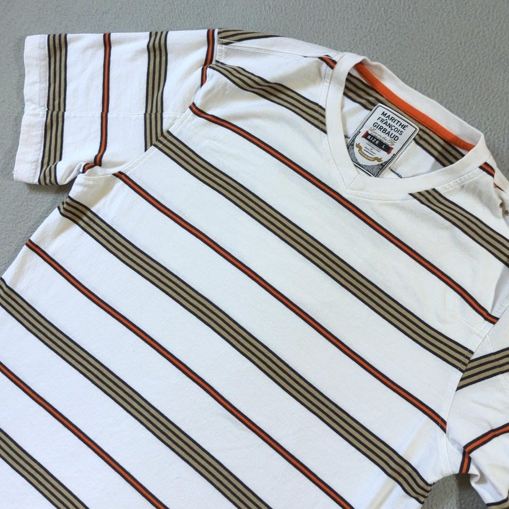 Marithe Francois Girbaud Striped T-Shirt Mens L White V-Neck Short‎ Sleeve Y2K